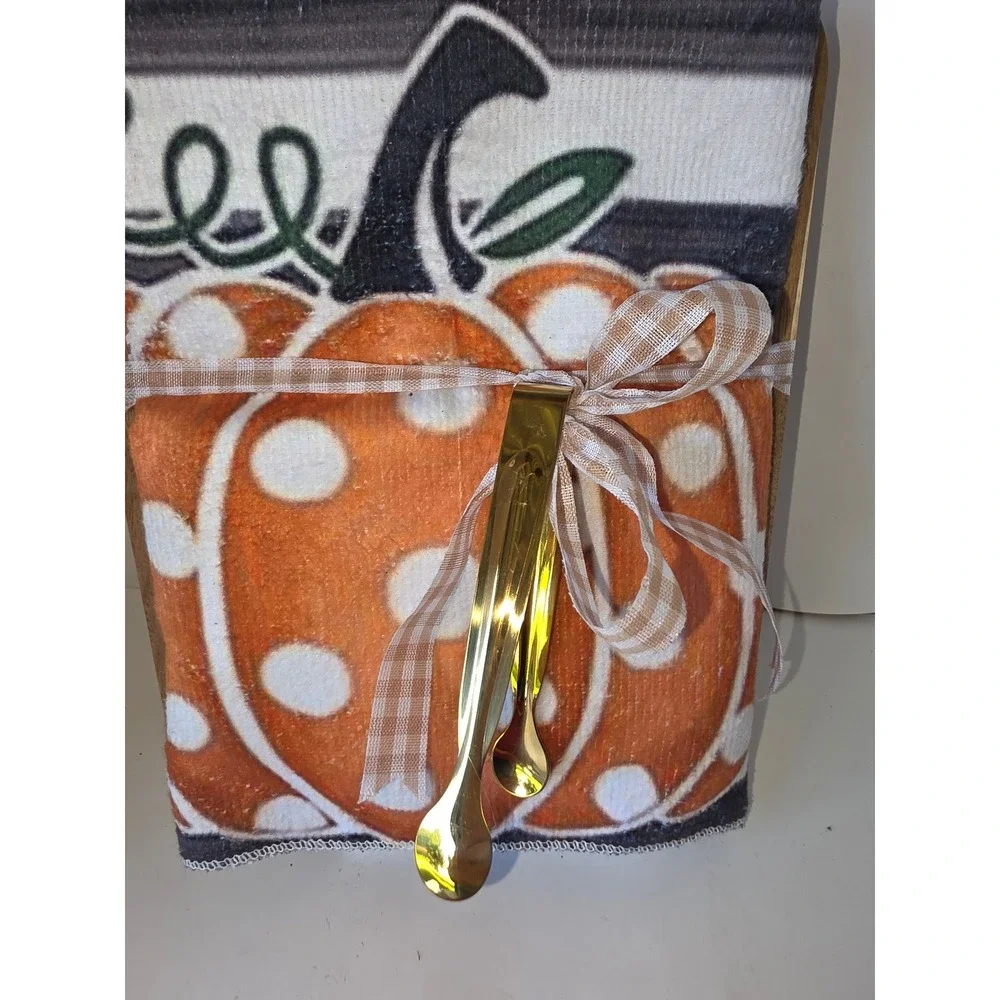 Fall Pumpkin Wood Cutting Board Tea Towel Gift Set Tongs 3pc